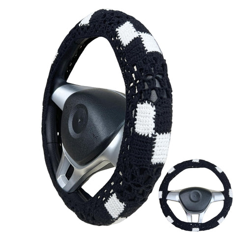 Handmade Crochet CheckBoard Steering Wheel Covers Universal 14-15 inch for Women and Men