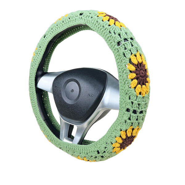Handmade Crochet Green yellow sunflower  Steering Wheel Cover for Women Girl, Cute Colorful Flower Seat Belt Cover, Car Interior Accessories Decorations.