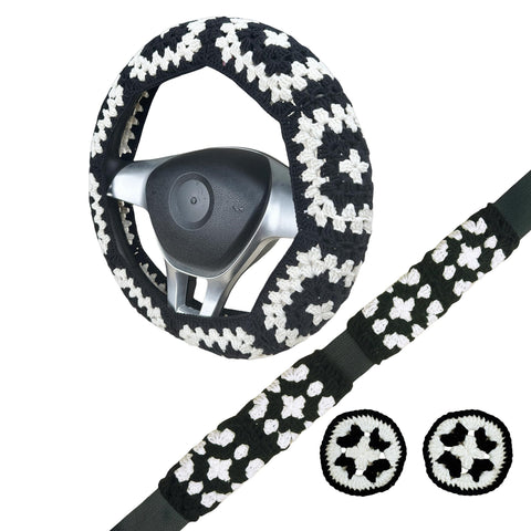 Handmade Crochet  vintage black and white Steering Wheel Cover for Women Girl, Cute Colorful Flower Seat Belt Cover, Car Interior Accessories Decorations.