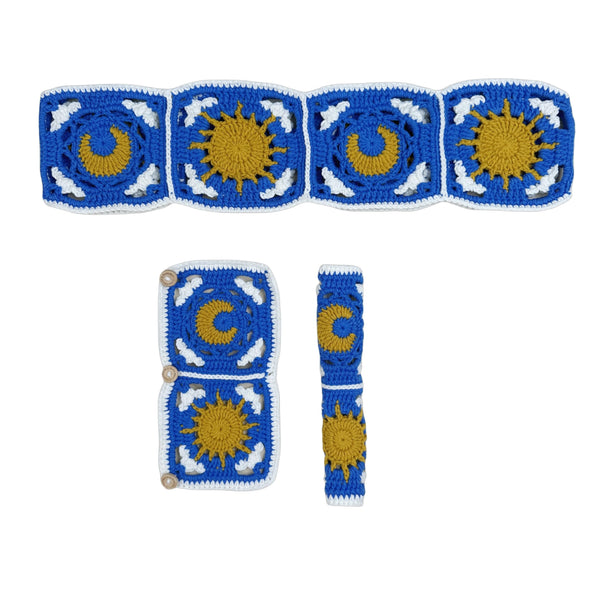 Handmade Crochet Deep blue sun and moon Steering Wheel Cover for Women Girl, Cute Flower Seat Belt Cover, Car Interior Accessories Decorations,new car gift