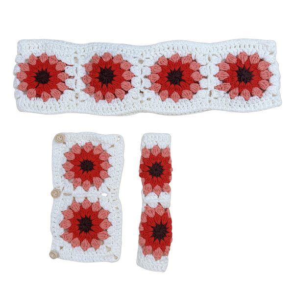 Handmade Crochet vintage red sunflower Steering Wheel Cover for Women Girl, Cute Colorful Flower Seat Belt Cover, Car Interior Accessories Decorations.