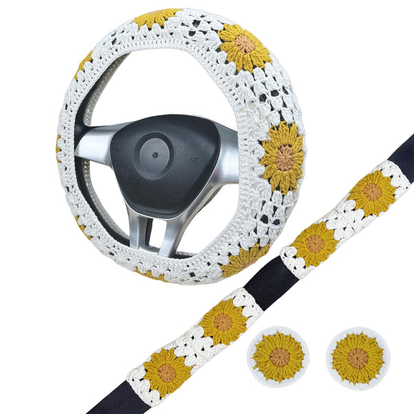 Handmade yellow flower Crochet Steering Wheel Cover for Women Girl, Cute Colorful Flower Seat Belt Cover, Car Interior Accessories Decorations.