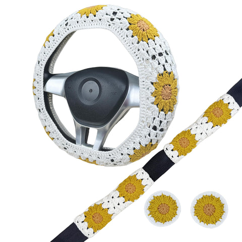 Handmade yellow flower Crochet Steering Wheel Cover for Women Girl, Cute Colorful Flower Seat Belt Cover, Car Interior Accessories Decorations.