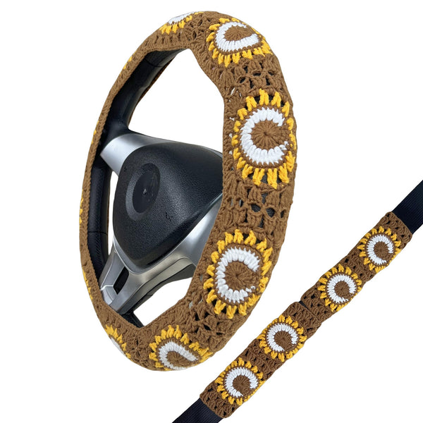 Handmade Crochet Vintage Moon and sun  Steering Wheel Covers Universal 14-15 inch for Women and Men