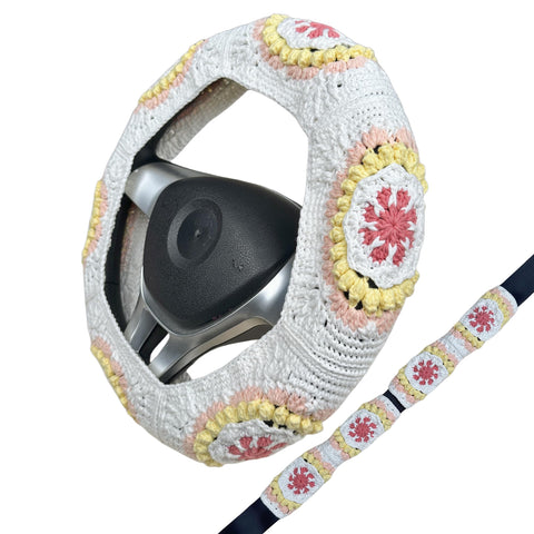 Handmade Crochet White Yellow flower Steering Wheel Covers Universal 14-15 inch for Women and Men,New Car Gift,Handmade Gift