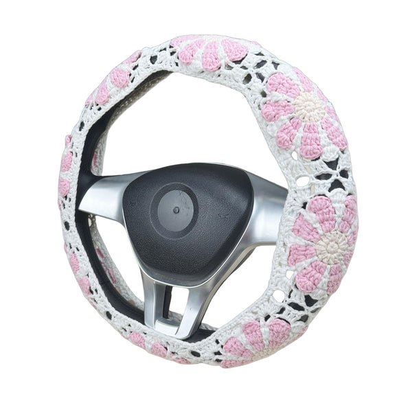 Handmade Crochet Pink daisy Steering Wheel Cover for Women Girl, Cute Colorful Flower Seat Belt Cover, Car Interior Accessories Decorations.