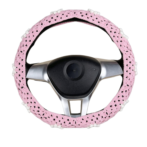 Handmade Crochet Pink daisy Steering Wheel Cover for Women Girl, Cute Flower Seat Belt Cover, Car Interior Accessories Decorations,new car gift