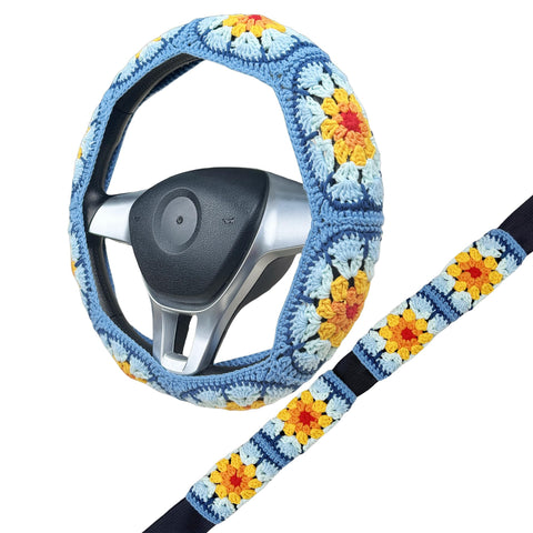 Handmade Crochet Blue sunflower Steering Wheel Cover for Women Girl, Cute Flower Seat Belt Cover, Car Interior Accessories Decorations,new car gift