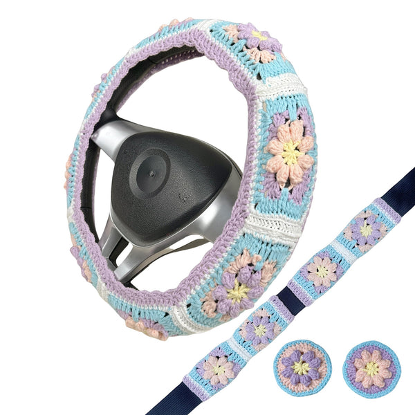 Handmade Crochet  purple and blue Cute flower Steering Wheel Covers Universal 14-15 inch for Women and Men,New Car Gift,Handmade Gift