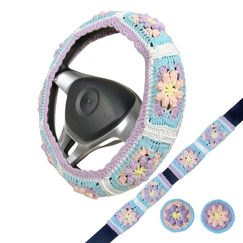 Handmade Crochet  purple and blue Cute flower Steering Wheel Covers Universal 14-15 inch for Women and Men,New Car Gift,Handmade Gift