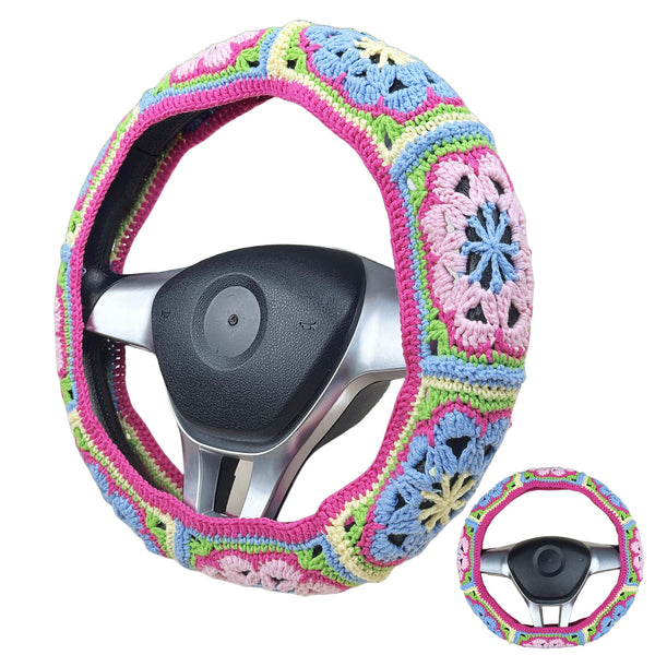 Handmade Crochet vintage Pink and blue Steering Wheel Cover for Women Girl, Cute Flower Seat Belt Cover, Car Interior Accessories Decorations,new car gift