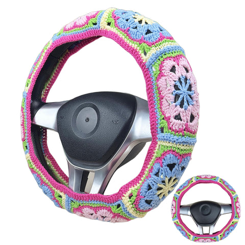 Handmade Crochet vintage Pink and blue Steering Wheel Cover for Women Girl, Cute Flower Seat Belt Cover, Car Interior Accessories Decorations,new car gift