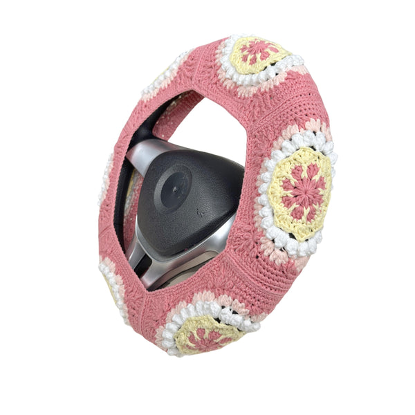 Handmade Crochet Pink Yellow flower Steering Wheel Covers Universal 14-15 inch for Women and Men,New Car Gift,Handmade Gift