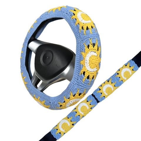 Handmade Crochet  Blue Sun and Moon Steering Wheel Covers Universal 14-15 inch for Women and Men,New Car Gift,Handmade Gift,Gift for her