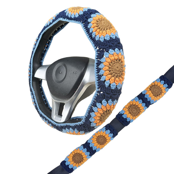 Handmade Crochet vintage blue Steering Wheel Cover for Women Girl, Cute Colorful Flower Seat Belt Cover, Car Interior Accessories Decorations.