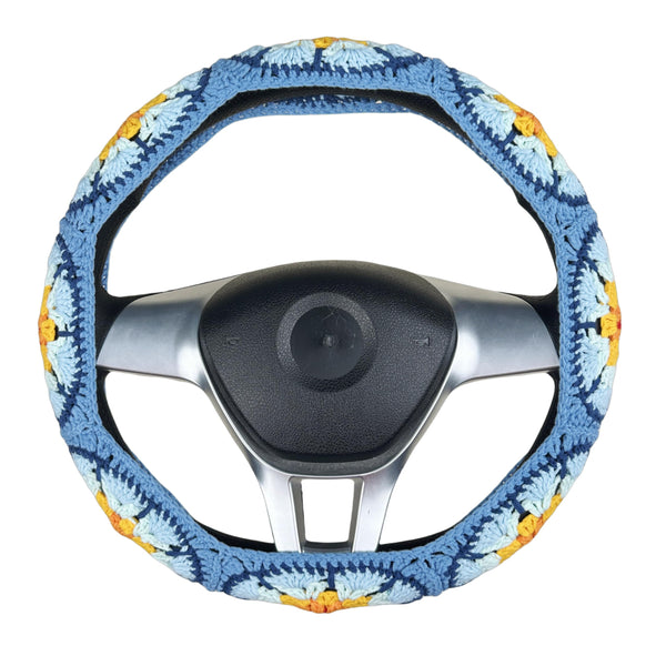 Handmade Crochet Blue sunflower Steering Wheel Cover for Women Girl, Cute Flower Seat Belt Cover, Car Interior Accessories Decorations,new car gift