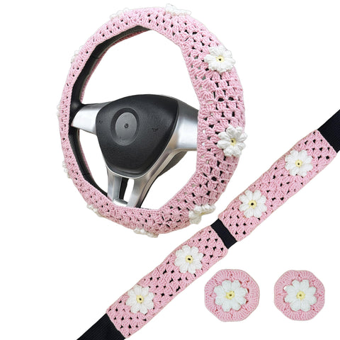 Handmade Crochet Pink daisy Steering Wheel Cover for Women Girl, Cute Flower Seat Belt Cover, Car Interior Accessories Decorations,new car gift