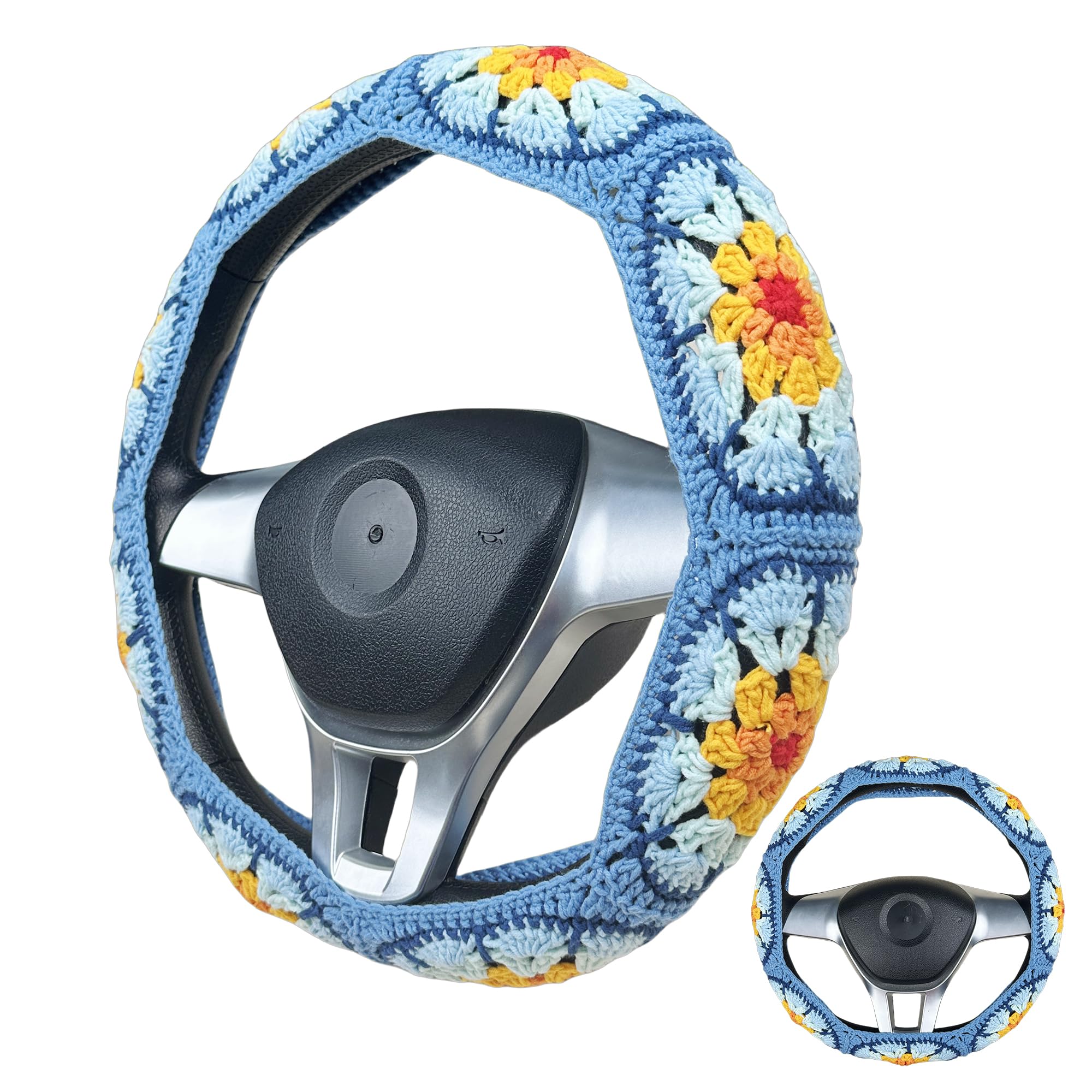 Handmade Crochet Blue sunflower Steering Wheel Cover for Women Girl, Cute Flower Seat Belt Cover, Car Interior Accessories Decorations,new car gift