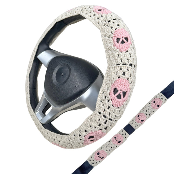 Handmade Crochet  Pink Skull Steering Wheel Covers Universal 14-15 inch for Women and Men,New Car Gift,Handmade Gift