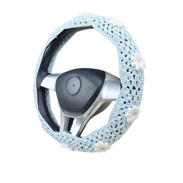 Handmade Crochet Light blue daisy Steering Wheel Cover for Women Girl, Cute Flower Seat Belt Cover, Car Interior Accessories Decorations,new car gift