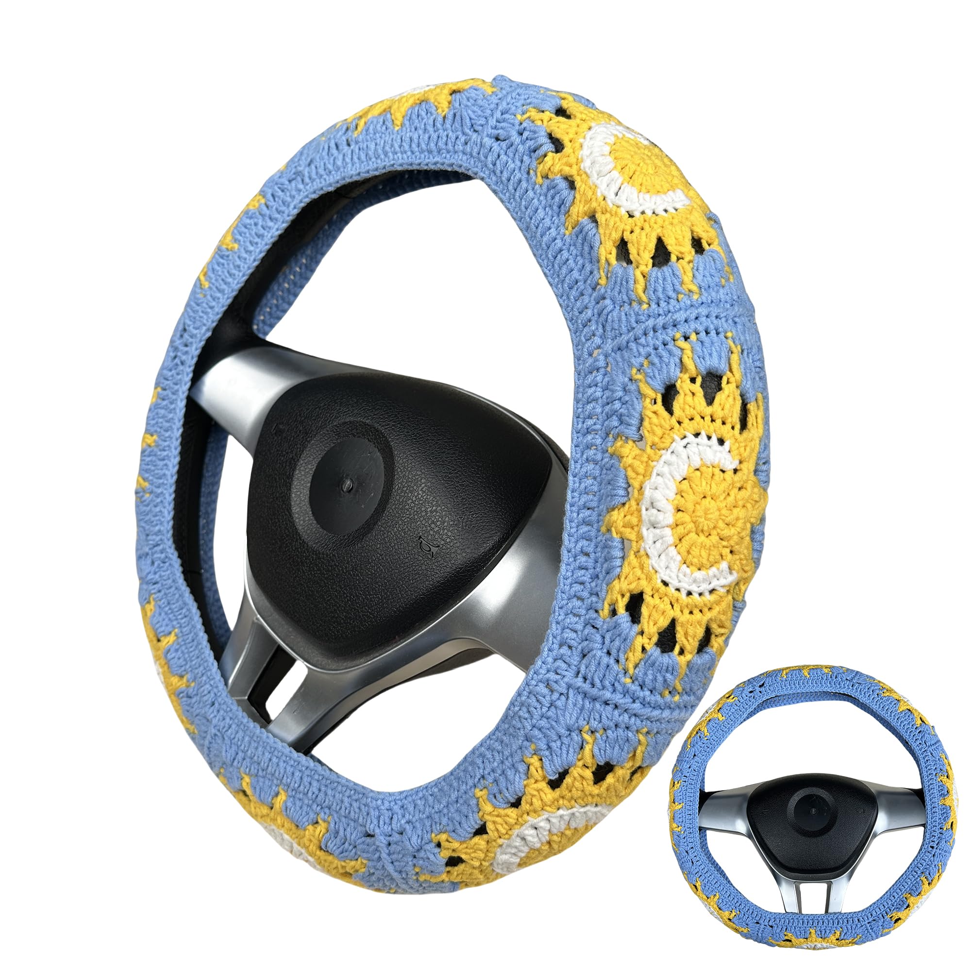 Handmade Crochet  Blue Sun and Moon Steering Wheel Covers Universal 14-15 inch for Women and Men,New Car Gift,Handmade Gift,Gift for her