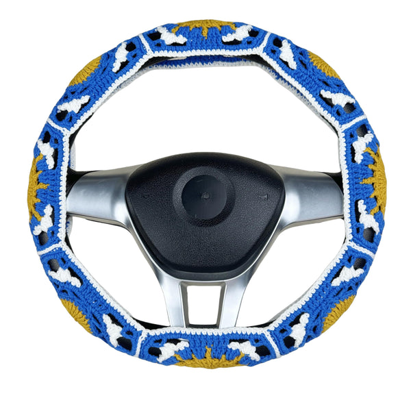 Handmade Crochet Deep blue sun and moon Steering Wheel Cover for Women Girl, Cute Flower Seat Belt Cover, Car Interior Accessories Decorations,new car gift