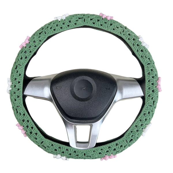 Handmade Crochet Cute Pink Daisy Steering Wheel Covers Universal 14-15 inch for Women and Men