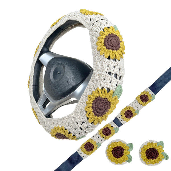 Handmade Crochet Sunflower with leaf Steering Wheel Covers Universal 14-15 inch for Women and Men,New Car Gift,Handmade Gift