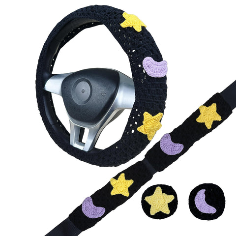 Handmade Crochet Black star and moon Steering Wheel Cover for Women Girl, Cute Colorful Flower Seat Belt Cover, Car Interior Accessories Decorations.