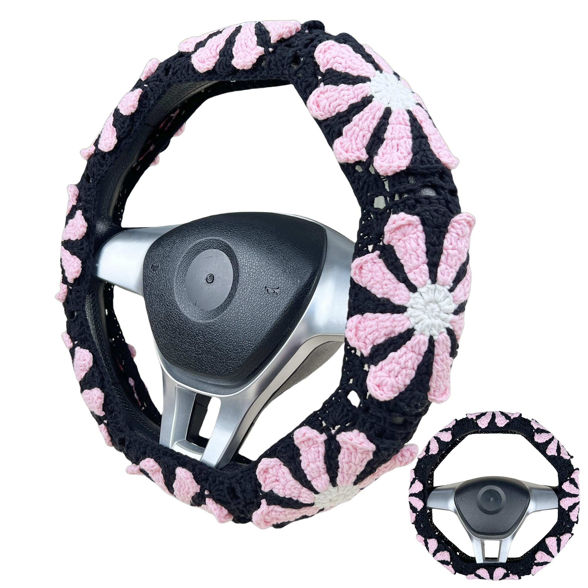 Handmade Crochet black pink daisy  Steering Wheel Cover for Women Girl, Cute Colorful Flower Seat Belt Cover, Car Interior Accessories Decorations.