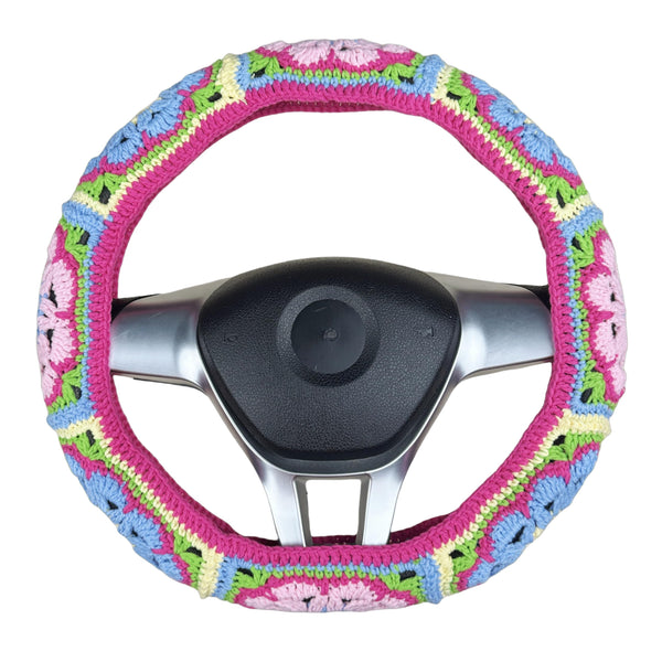 Handmade Crochet vintage Pink and blue Steering Wheel Cover for Women Girl, Cute Flower Seat Belt Cover, Car Interior Accessories Decorations,new car gift