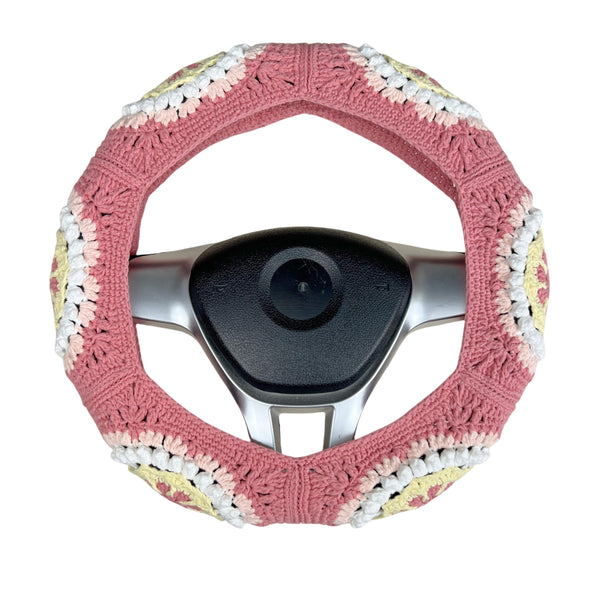 Handmade Crochet Pink Yellow flower Steering Wheel Covers Universal 14-15 inch for Women and Men,New Car Gift,Handmade Gift