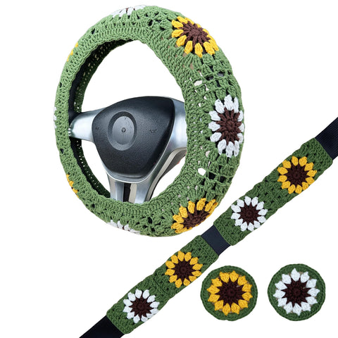 Handmade Crochet  Green and White  sunflower Steering Wheel Covers Universal 14-15 inch for Women and Men,New Car Gift,Handmade Gift,Gift for her