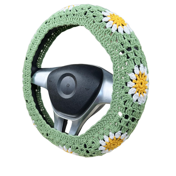 Handmade Crochet  Green daisy flower Steering Wheel Covers Universal 14-15 inch for Women and Men,New Car Gift,Handmade Gift,Gift for her