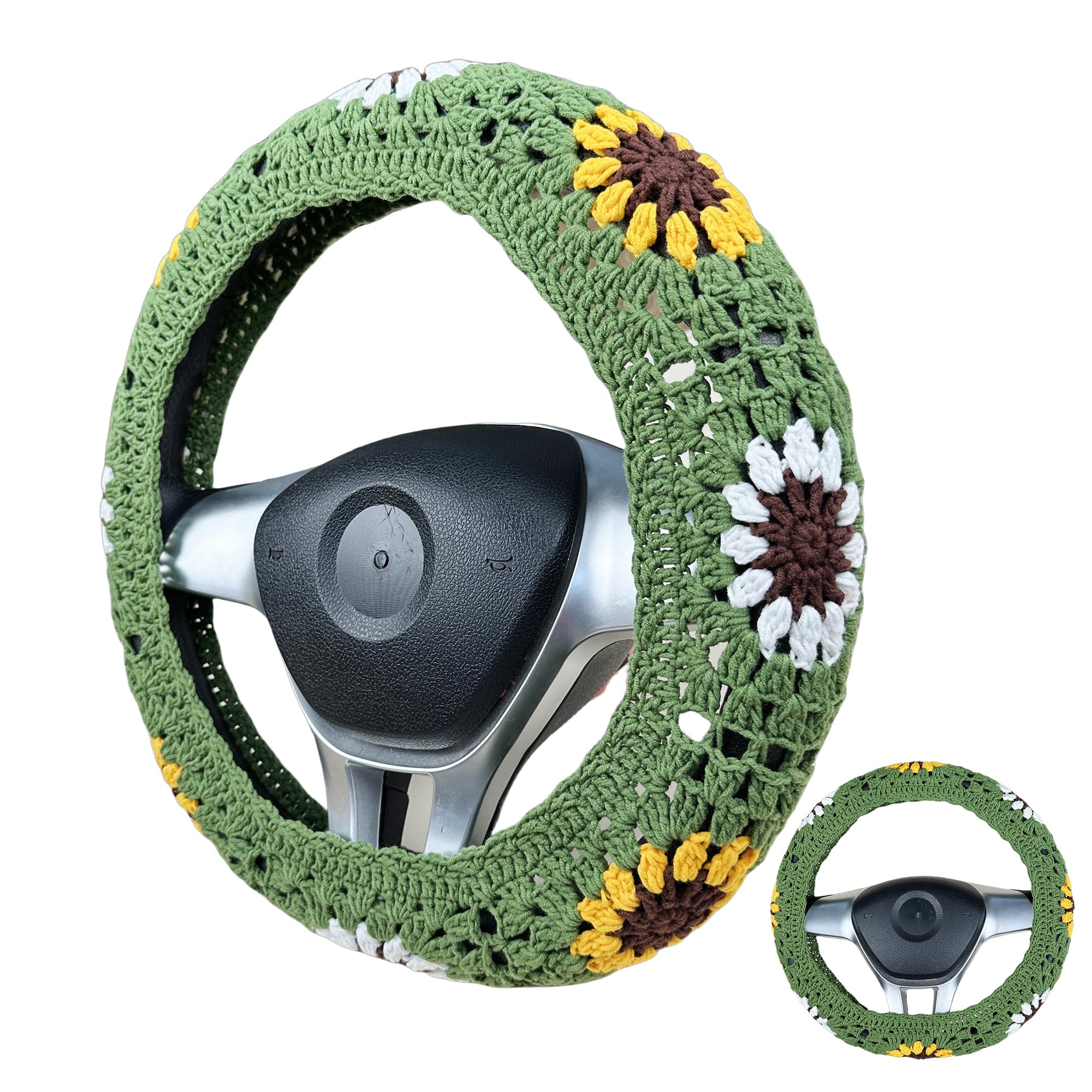 Handmade Crochet  Green and White  sunflower Steering Wheel Covers Universal 14-15 inch for Women and Men,New Car Gift,Handmade Gift,Gift for her