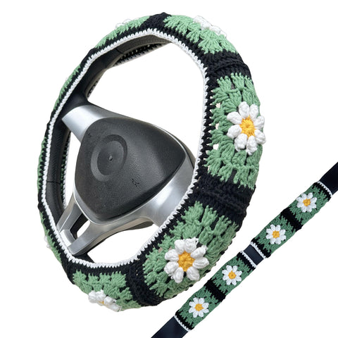 Handmade Crochet Black and Green daisy Steering Wheel Covers Universal 14-15 inch for Women and Men,New Car Gift,Handmade Gift