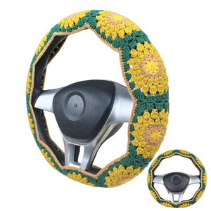Handmade Crochet Green and yellow sunflower Steering Wheel Cover for Women Girl, Cute Colorful Flower Seat Belt Cover, Car Interior Accessories Decorations.