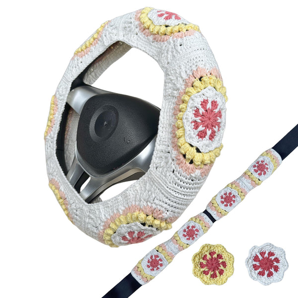 Handmade Crochet White Yellow flower Steering Wheel Covers Universal 14-15 inch for Women and Men,New Car Gift,Handmade Gift