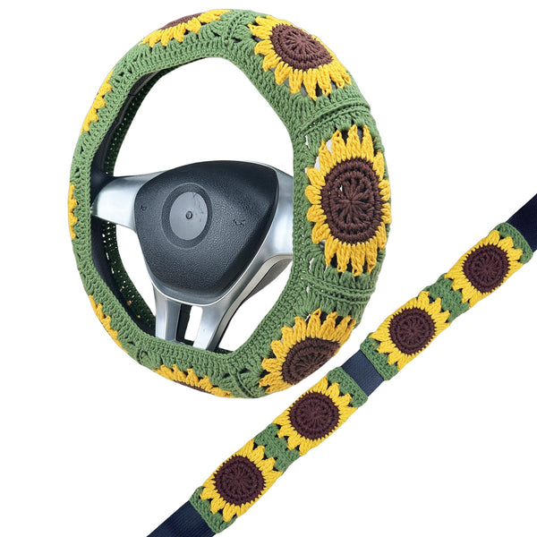 Handmade Crochet Green sunflower Steering Wheel Cover for Women Girl, Cute Flower Seat Belt Cover, Car Interior Accessories Decorations,new car gift