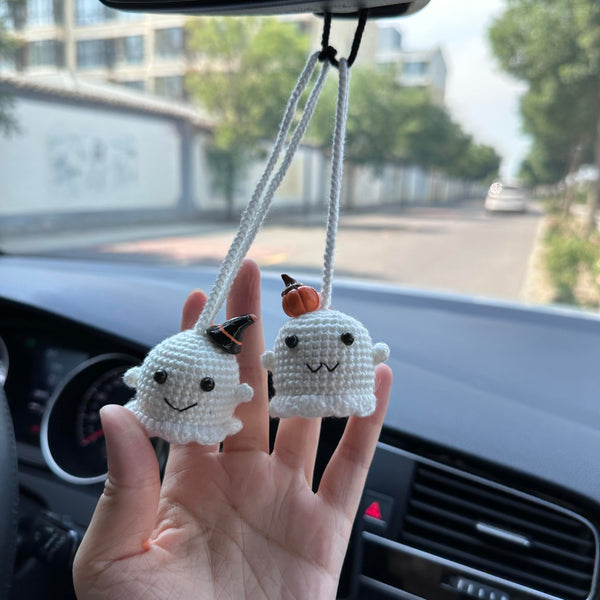 Crochet Halloween Two ghost Car Accessories Hanging Ornament   and Pendant for Car Rear View Mirror Interior Decoration