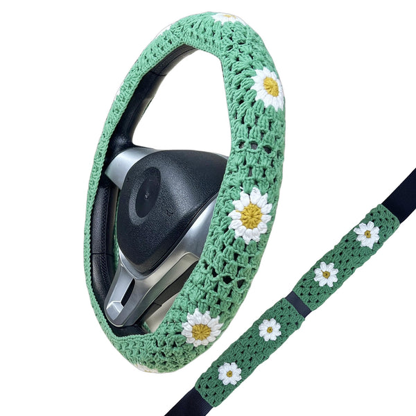Handmade Crochet light Green Daisy Steering Wheel Covers Universal 14-15 inch for Women and Men
