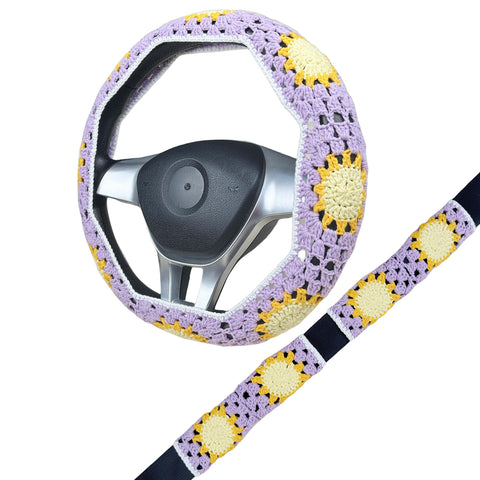 Handmade Crochet Purple Sun Steering Wheel Cover for Women Girl, Cute Flower Seat Belt Cover, Car Interior Accessories Decorations,new car gift