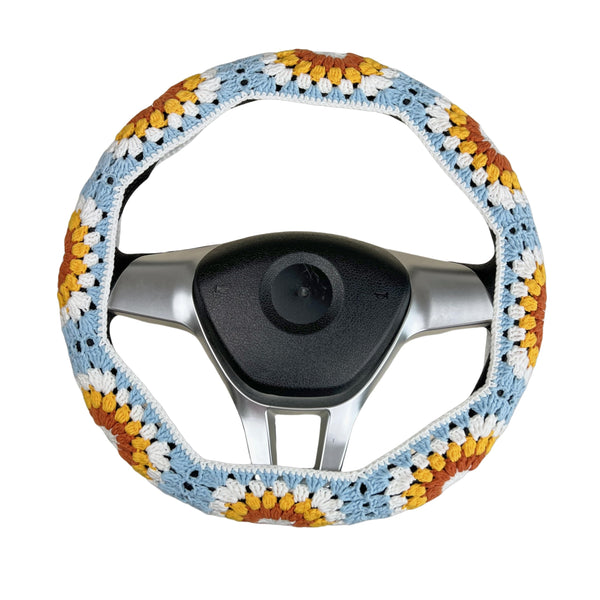 Handmade Crochet light blue sunflower Steering Wheel Covers Universal 14-15 inch for Women and Men