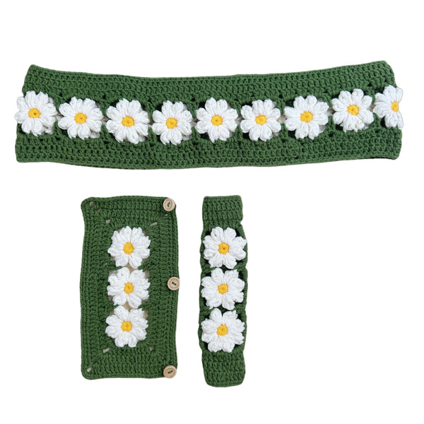 Handmade Crochet white daisy Steering Wheel Cover for Women Girl, Cute Colorful Flower Seat Belt Cover, Car Interior Accessories Decorations.