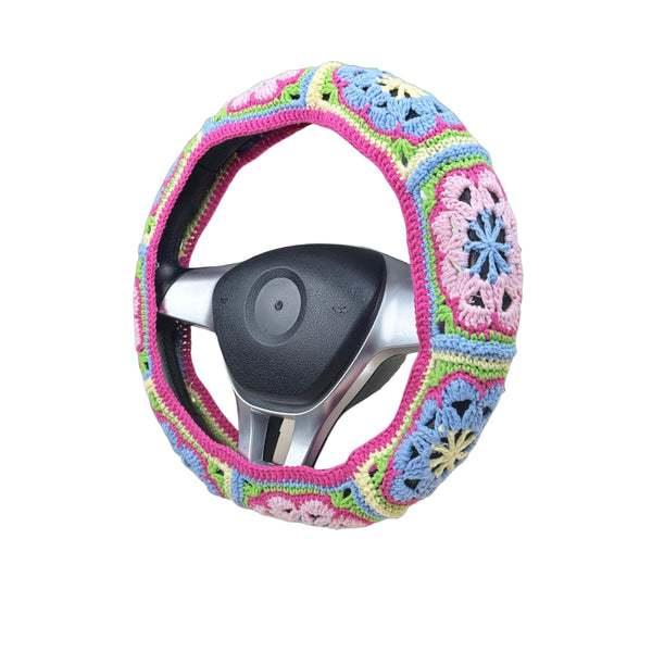 Handmade Crochet vintage Pink and blue Steering Wheel Cover for Women Girl, Cute Flower Seat Belt Cover, Car Interior Accessories Decorations,new car gift