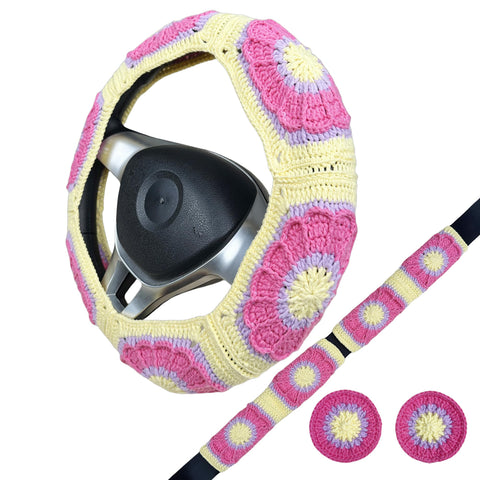 Handmade Crochet  Pink and Yellow cute flower Steering Wheel Covers Universal 14-15 inch for Women and Men,New Car Gift,Handmade Gift