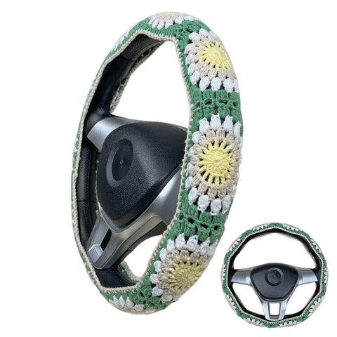 Handmade Crochet light green orange sunflower Steering Wheel Covers Universal 14-15 inch for Women and Men