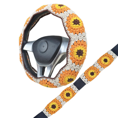 Handmade Crochet vintage orange sunflower Steering Wheel Cover for Women Girl, Cute Colorful Flower Seat Belt Cover, Car Interior Accessories Decorations.