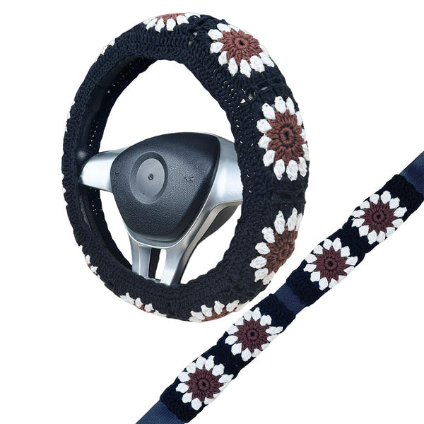 Handmade Crochet Brown sunflower Steering Wheel Cover for Women Girl, Cute Flower Seat Belt Cover, Car Interior Accessories Decorations,new car gift