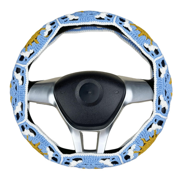 Handmade Crochet blue sun and moon Steering Wheel Cover for Women Girl, Cute Flower Seat Belt Cover, Car Interior Accessories Decorations,new car gift